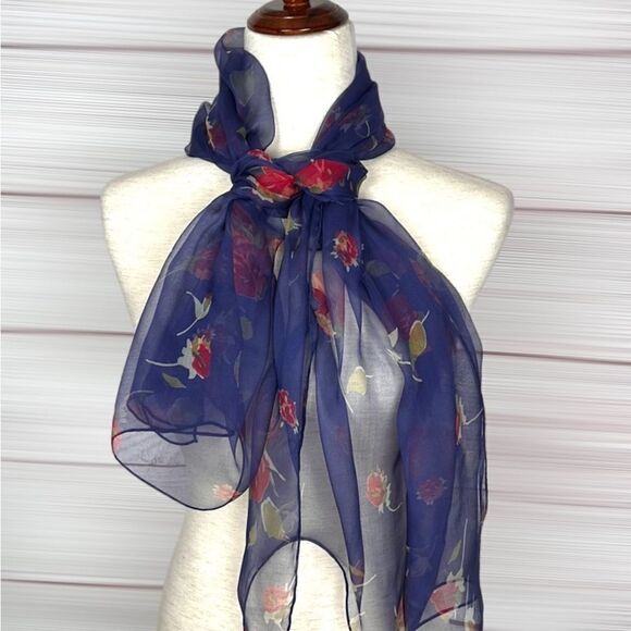 Silk Chiffon Blue with Floral Roses Print Lightweight scarf - Picture 4 of 13